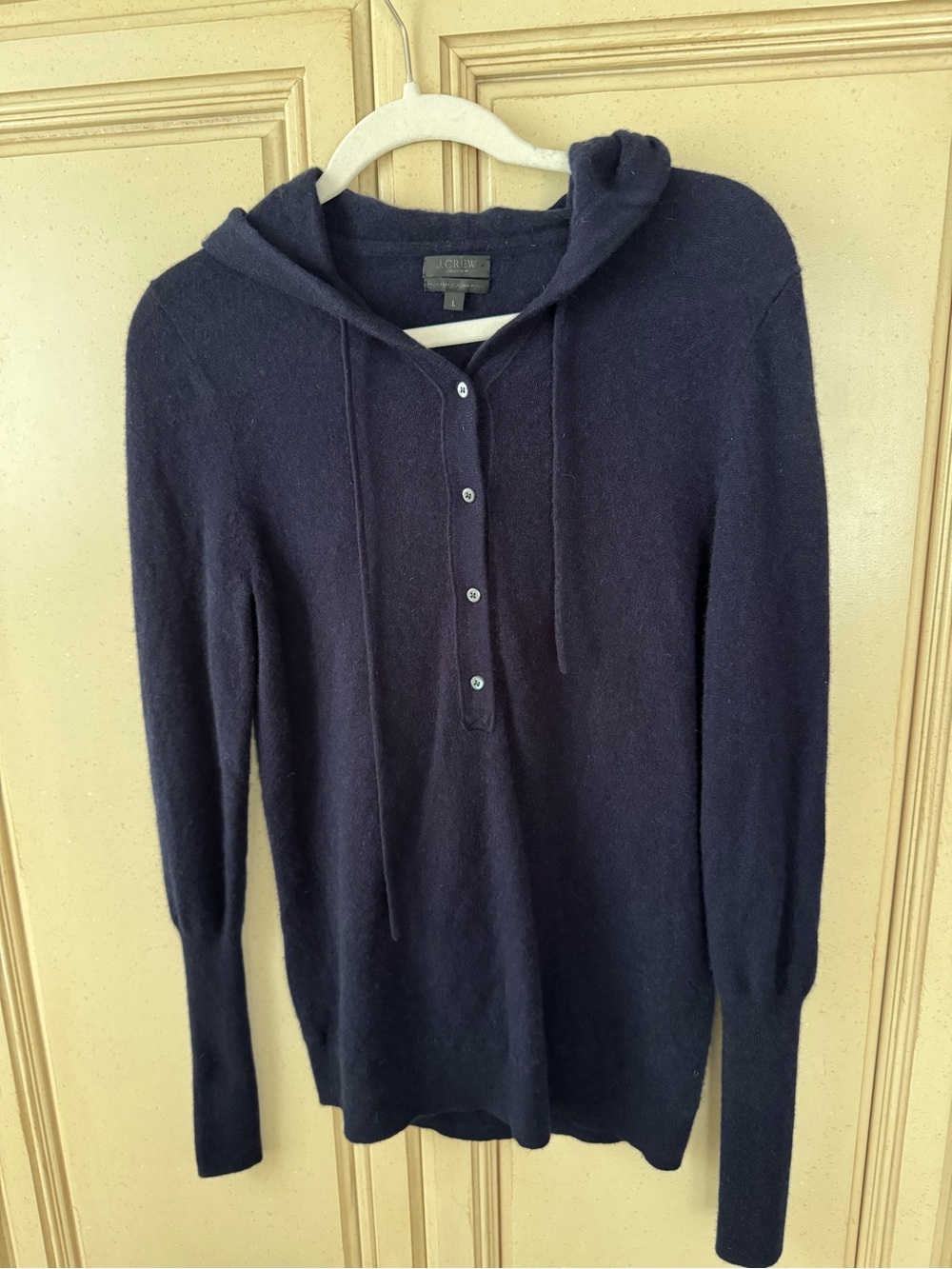 J. Crew Navy Hooded Button-Front Cashmere Knit